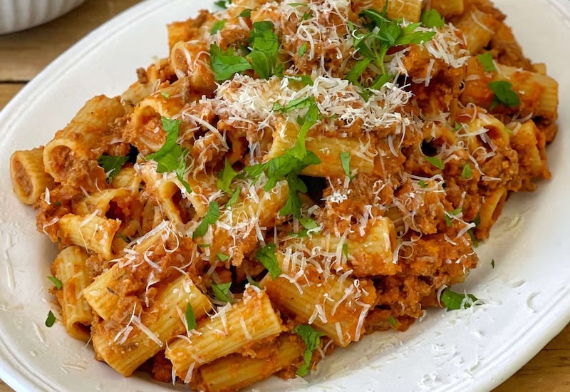 Beef rigatoni with loaded veg sauce