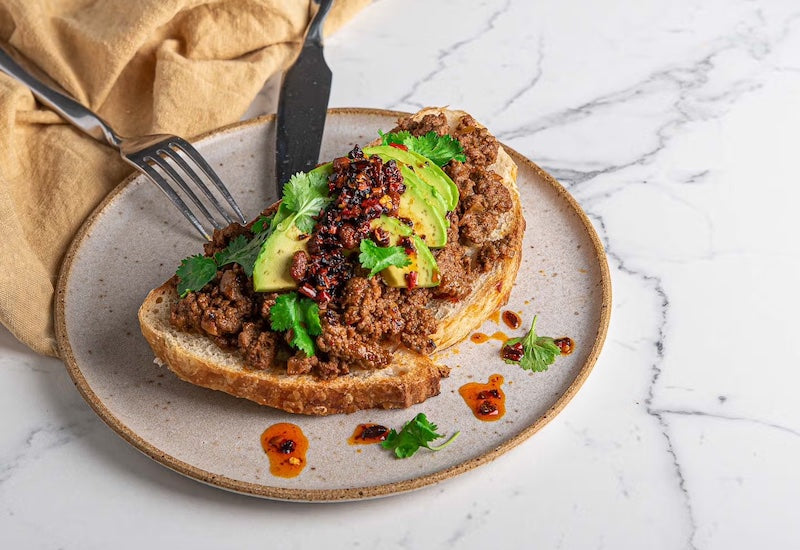 Mince & avo on toast with crispy chilli oil