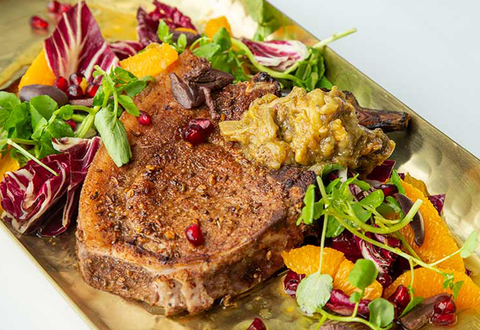 Moroccan Spiced Pork Chop with Babaganoush and Rocket Salad