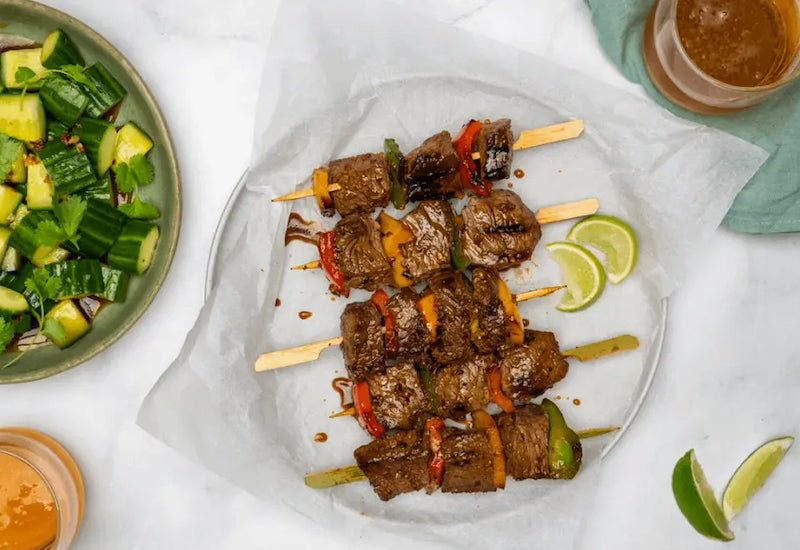 Rainbow capsicum and beef skewers