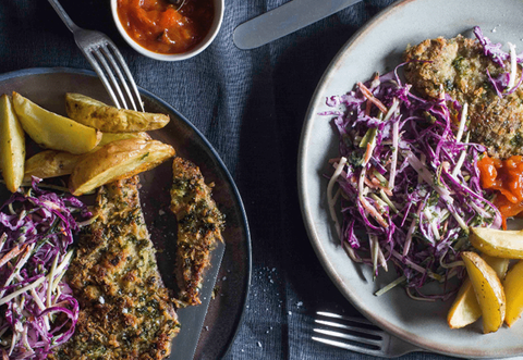 Parsley Beef Schnitzel with Wedges and Slaw